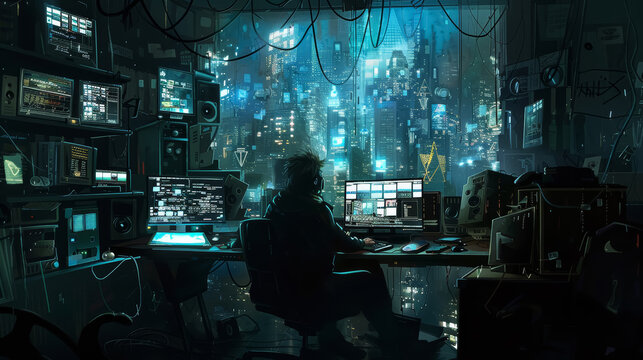 A hacker in a dark room works at a computer overlooking a futuristic city. Future remote work concept.
