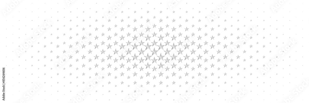Poster horizontal halftone of silver star spreading from center on white design for pattern and background.