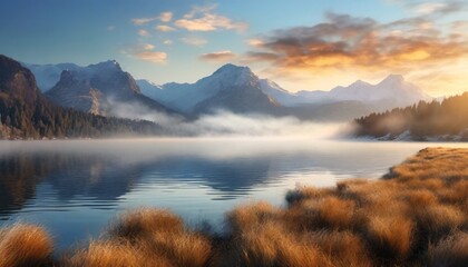 Obraz premium dawn at lake with mountain background