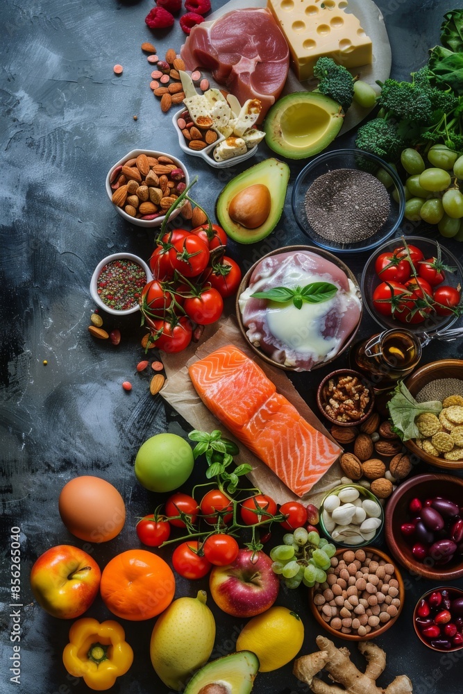 Poster a visually captivating display of various fruits and vegetables artfully arranged to create a tree-l
