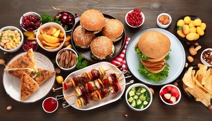 Fototapeta premium summer bbq food table scene hamburgers meat skewers potatoes fruit and snacks top view on a dark wood background