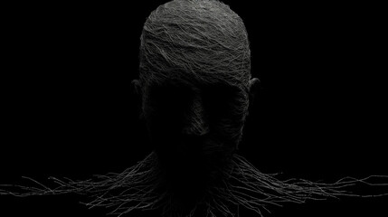 abstract dark evil person with partially visible face without face features, black horror portrait of man made out of nanotubes and strings