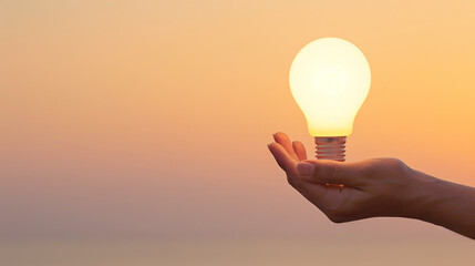 on the right side of the image there is a hand with light bulb floating above it, light from bulb is looking like sun, copy space for text and content