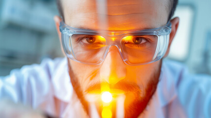 Young adult man scientist with transparent glasses looking closely at chemical reaction with subtle fire reflecting in the glasses, concept of discovery, research and innovation