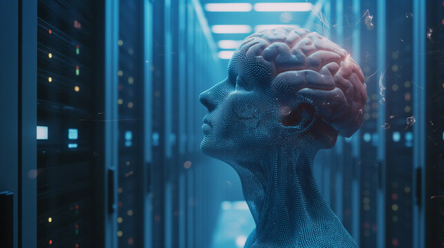 Artificial intelligence machine in server room, concept of bio technology, ai empowered mind, neural networks and ai brain chip