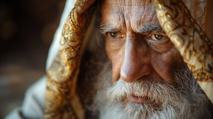 Closeup Portrait of Old Patriarch in Temple with Steady Gaze