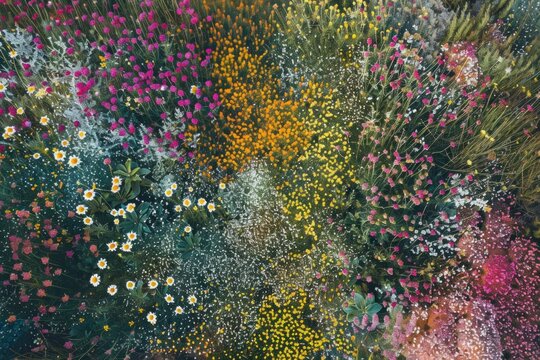 A breathtaking aerial view of a field blanketed with wildflowers, each bloom contributing to a harmonious tapestry of colors and shapes.