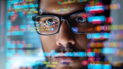 A man wearing glasses is looking at a computer screen with a lot of numbers