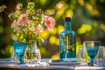 Summer still life with flowers and bottle