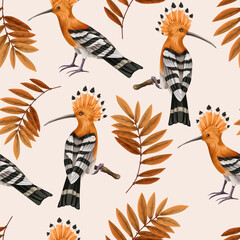 Seamless pattern with hoopoe birds and leaves. Vector.