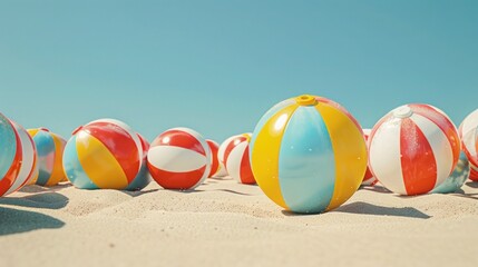 A border of colorful beach balls on a sandy shore.