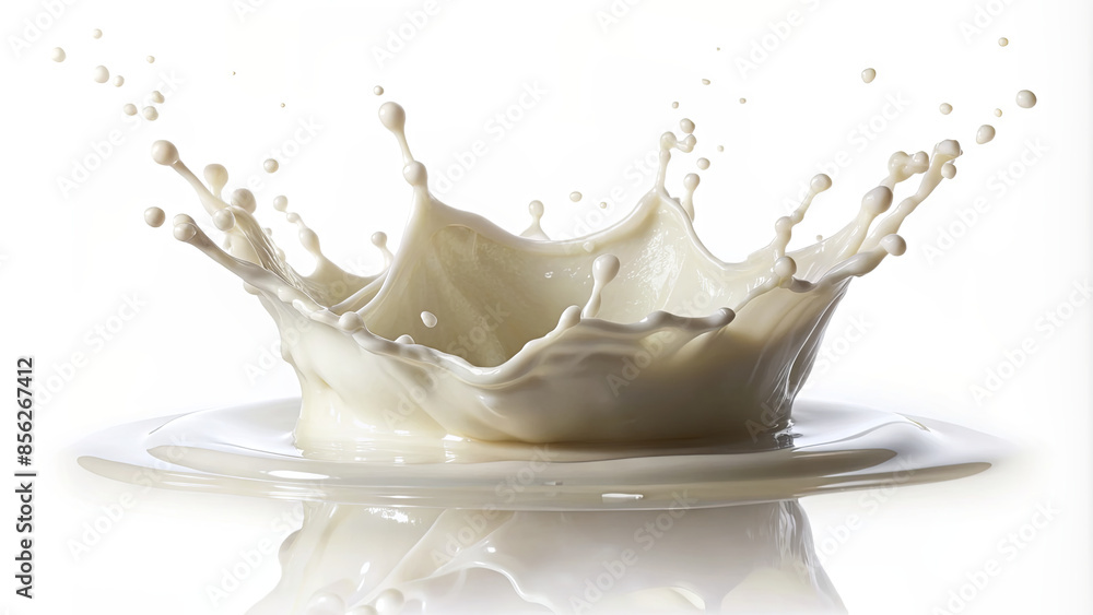 Poster a close-up shot of milk splashing into a pool of milk on a white background. the droplets of milk ar
