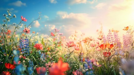 A border of blooming wildflowers in a meadow under the sun.