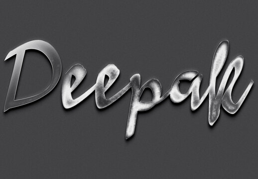 Chrome metal 3D name design of Deepak on grey background.