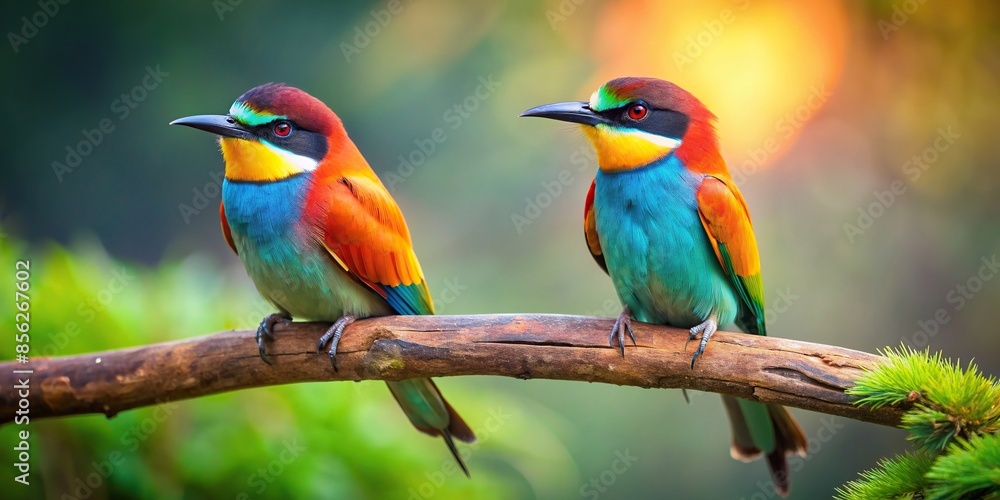 Wall mural two colorful birds perched on a branch in a forest setting, birds, branch, nature, wildlife, colorfu - Wall murals