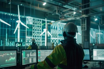Engineers at the power generation complex control the process of producing green hydrogen based on real-time power readings from windmills.