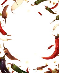 Red Chili Peppers Varied Sizes on White Background, scattered design, colorful culinary display, spicy recipe illustration, vibrant cooking theme, kitchen decor, food blog header, pepper frame