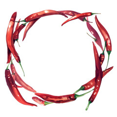 Circular Pattern of Red Chili Peppers on White Background, vibrant culinary display, recipe border, food blog header, colorful cooking theme, spicy decoration, kitchen design, green stems accent