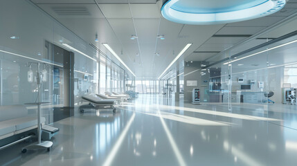 Obraz premium Pristine and futuristic empty hospital hallway bathed in daylight, showcasing advanced medical equipment, sleek design, and a sense of clinical cleanliness.