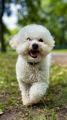 A white dog is walking through the grass.
