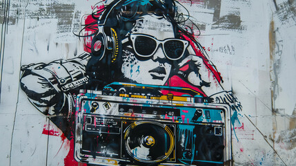 A woman wearing sunglasses and holding a boombox.