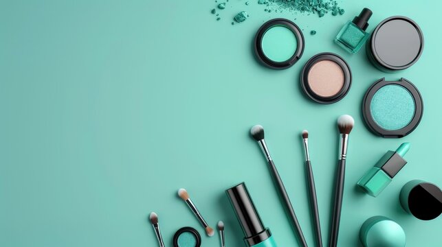 Makeup artist s business card or flyer design template with teal background and beauty products