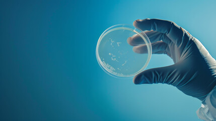 A gloved hand holds a Petri dish against a blue background, showcasing cultured bacterial colonies, symbolizing scientific research and laboratory work.