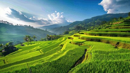 Fototapeta premium lush green rice fields with a winding river under a vibrant sunrise, serene landscape