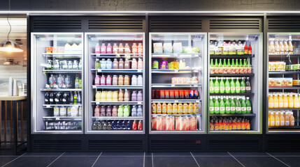 A commercial fridge in a grocery store displaying a variety of colorful beverages and snacks, perfectly aligned and inviting to shoppers.