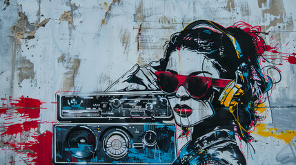 A graffiti painting of a woman with headphones and a boombox.