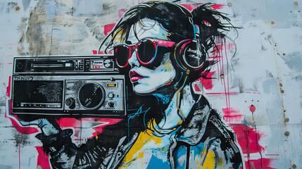 A woman holding a boombox on a wall.