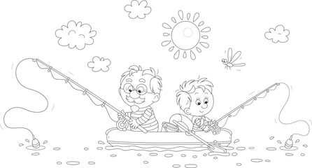 Grandpa with his happy little grandson sitting in their inflatable boat and fishing in a small lake on a beautiful sunny day of a summer vacation, black and white vector illustration for a coloring bo