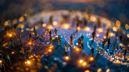 Luminous dots connect numerous miniature figures on a world map, symbolizing global connectivity and unity.