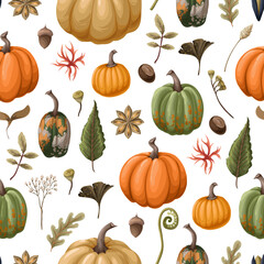Seamless pattern with pumpkins and autumn elements. Vector.