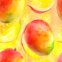 A vibrant and colorful watercolor seamless pattern featuring mangoes, full of creativity and uniqueness