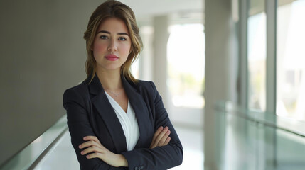 A professional woman in a crisp suit confidently standing in a bright office corridor with her arms crossed.