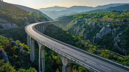 Asphalt highway with electronic toll gates woodland. The bridge spanning the valley
