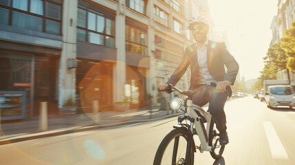 A man in a suit is riding a bicycle through a sunny city street, highlighting a blend of professional life and eco-friendly commuting.