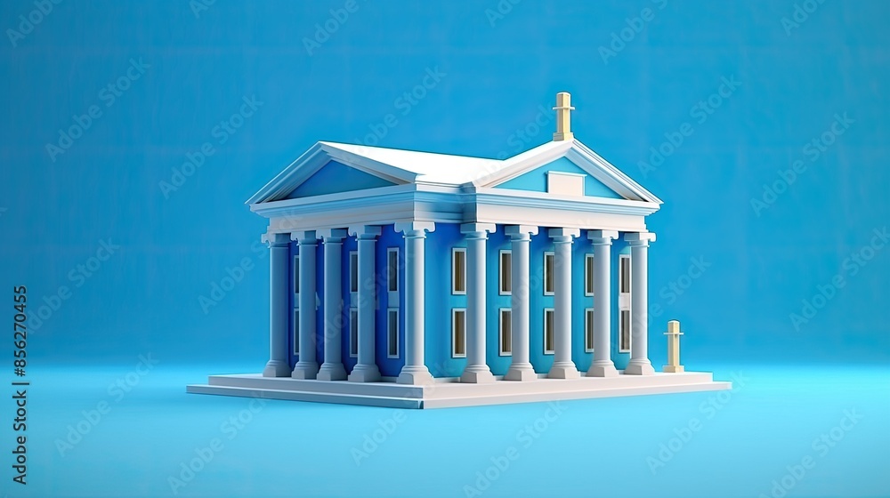 Poster a 3d rendering of a classic blue and white building with columns. the building is set against a blue