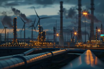 Obraz premium Close-up detail shot of the hydrogen pipeline infrastructure against the industrial silhouette of the factory, with wind generators in the focus against the evening sky.