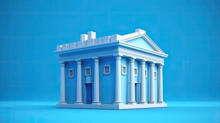Fototapeta premium A 3D rendering of a classical bank building. The building is blue and has a white roof.