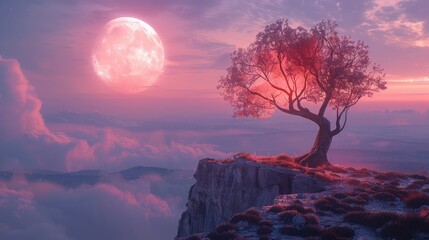 Pink Moonlit Tree on Cliff Overlooking Vast Landscape