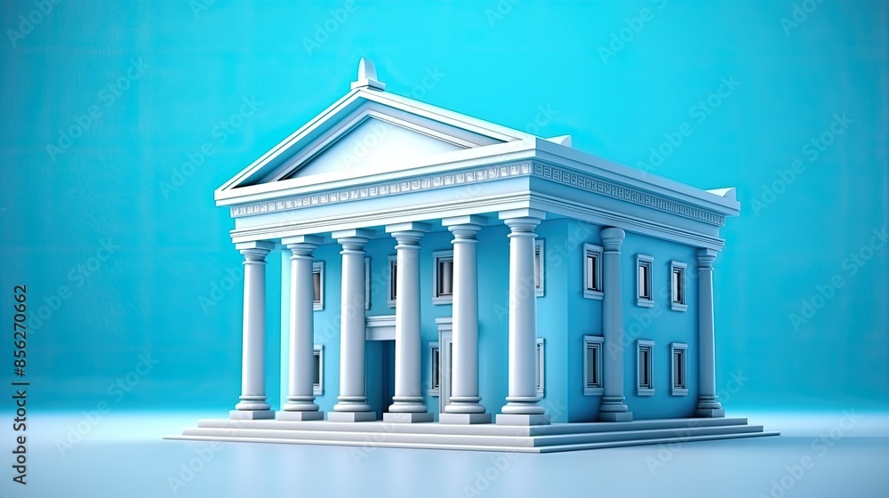 Poster 3d rendering of a classic bank building with white columns. the building is blue and is set against 