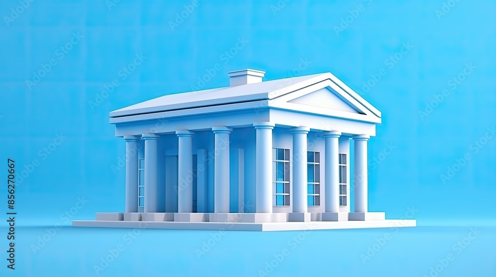 Poster 3d rendering of a classic bank building with columns in a blue background. the building is white and