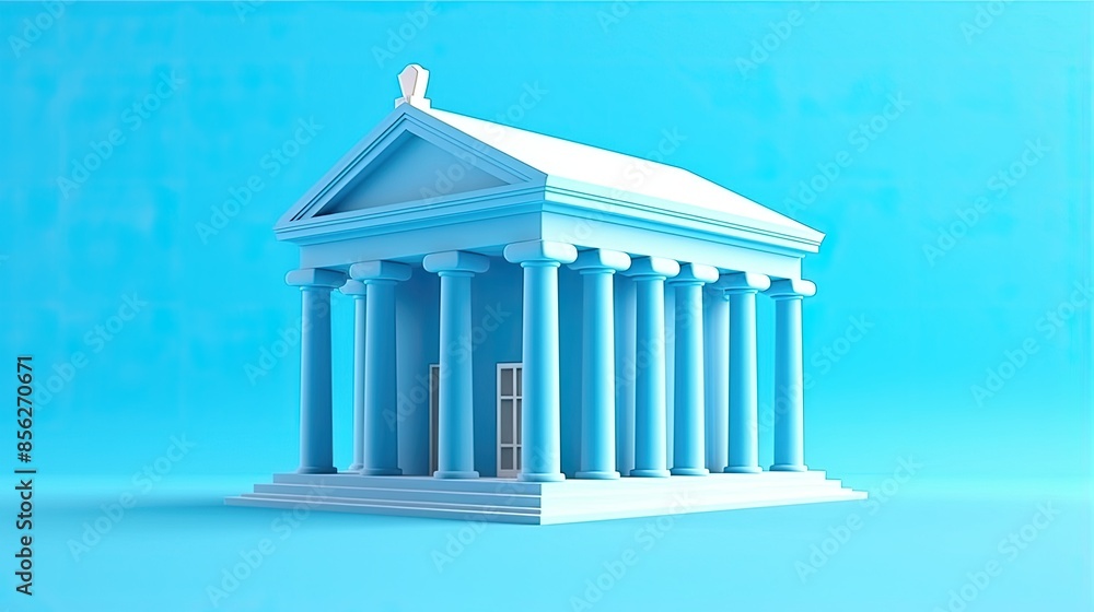 Poster this is a 3d rendering of a classical greek temple. the temple is blue and has six columns in the fr