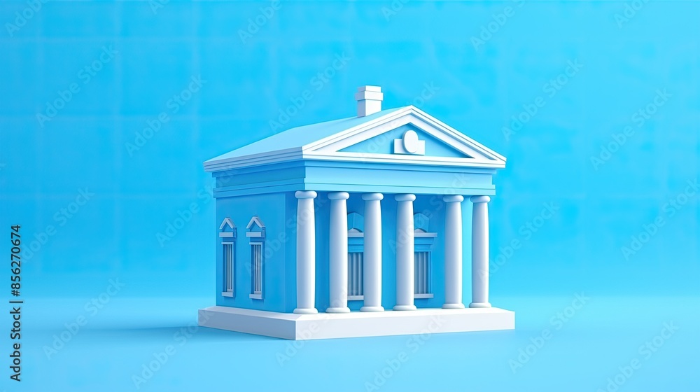 Poster a 3d rendering of a blue and white bank building. the building has four columns in the front and a l