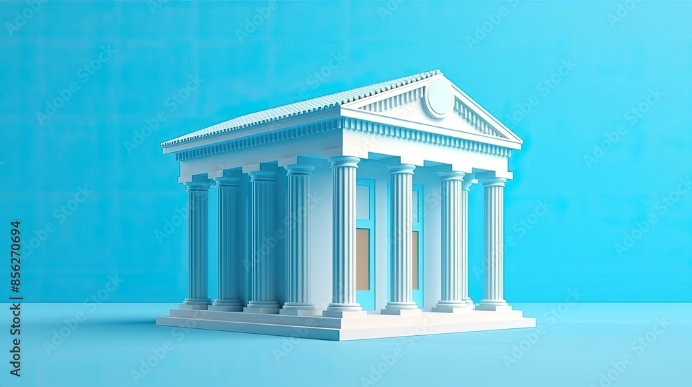 Poster a 3d rendering of a classical greek temple with six columns in front. the temple is white and set ag