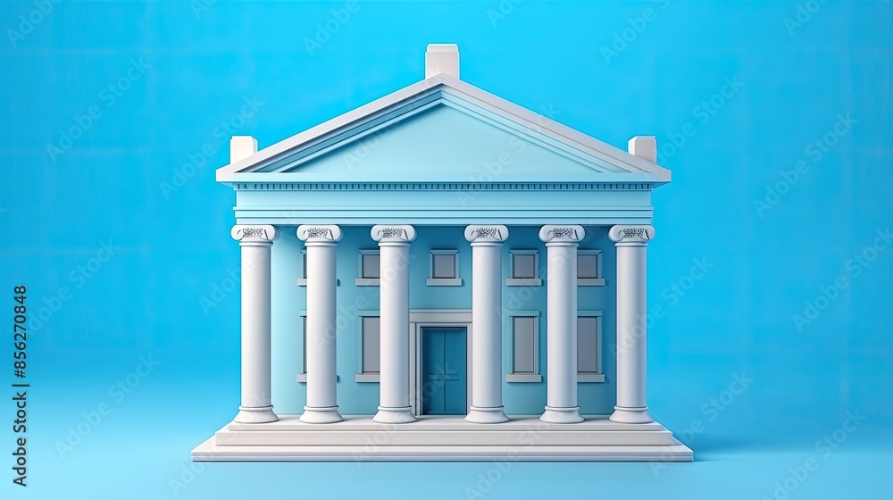Aufkleber 3d rendering illustration of a classic bank building with white columns in front of blue background.