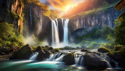 waterfall landscape at morning with sunrise view