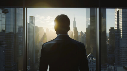 A man in a suit standing by a large window overlooking a cityscape illuminated by the morning sun, exuding a sense of ambition and reflection.